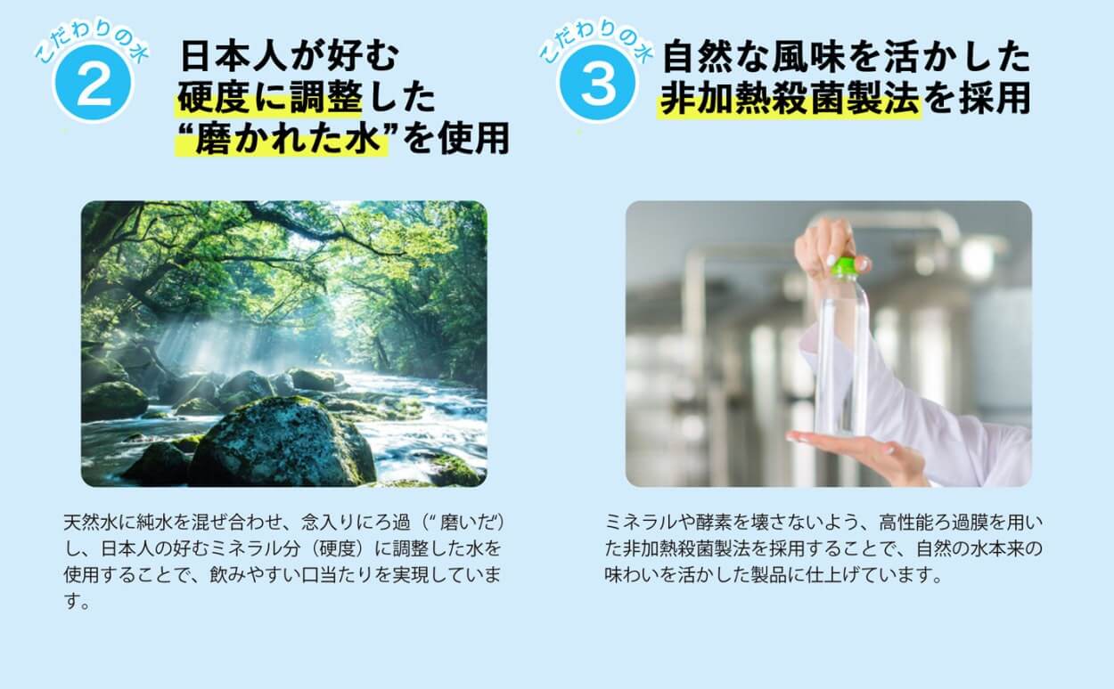 ②「日本人が好む硬度に調整した磨かれた水を使用」天然水に純粋を混ぜ合わせ、念入りにろ過し、日本人の好むミネラル分 硬度に調整した水を使用することで、飲みやすい口当たりを実現しています。③「自然な風味を活かした非加熱殺菌製法を採用」ミネラルや酵素を壊さないよう、高性能ろ過膜を用いた非加熱殺菌製法を採用することで、自然の水本来の味わいを活かした製品に仕上げています。